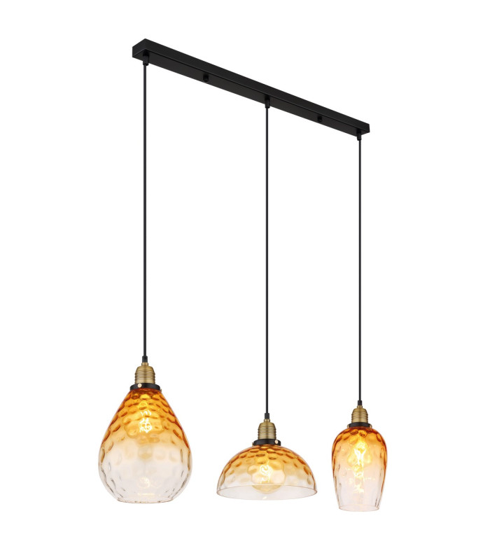 Salvy Bar Pendant Ceiling Light Matt Black Amber Glass Shade 3x E27-1