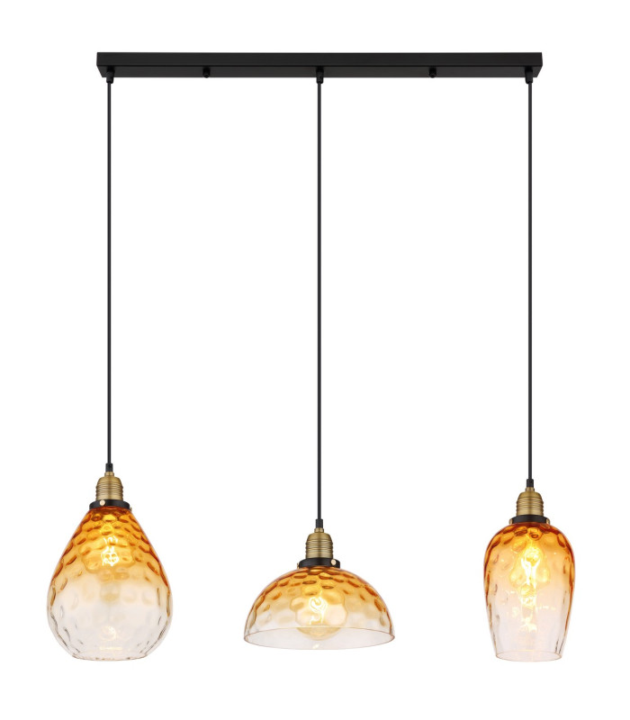 Salvy Bar Pendant Ceiling Light Matt Black Amber Glass Shade 3x E27-3