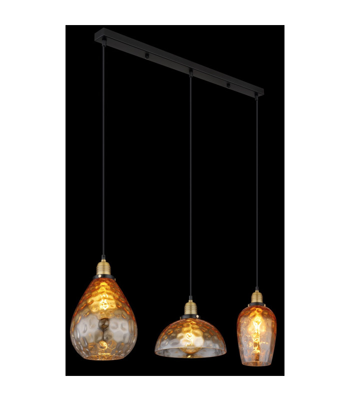 Salvy Bar Pendant Ceiling Light Matt Black Amber Glass Shade 3x E27-5