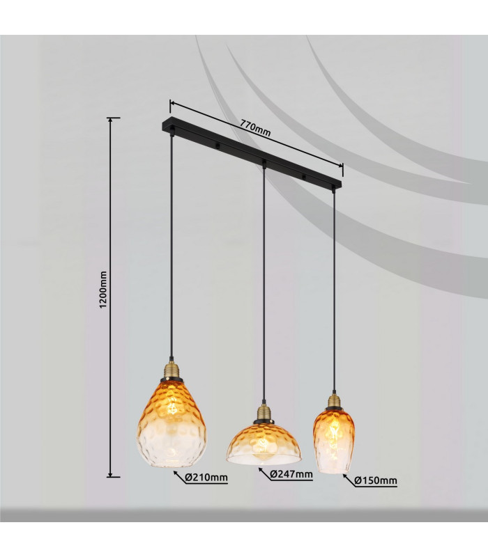 Salvy Bar Pendant Ceiling Light Matt Black Amber Glass Shade 3x E27-11