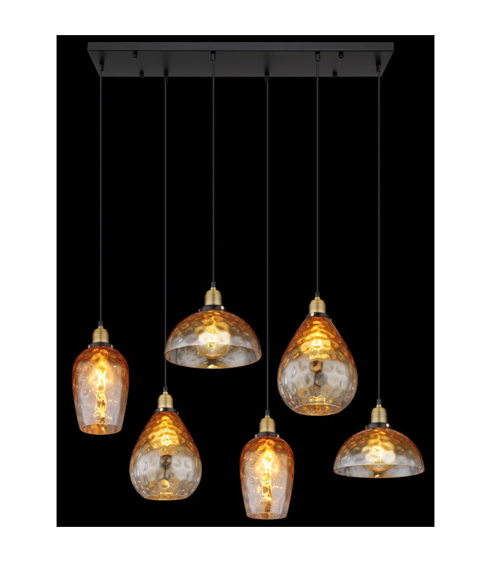 Salvy Cluster Pendant Ceiling Light Matt Black Amber Glass Shade 6x E27-6