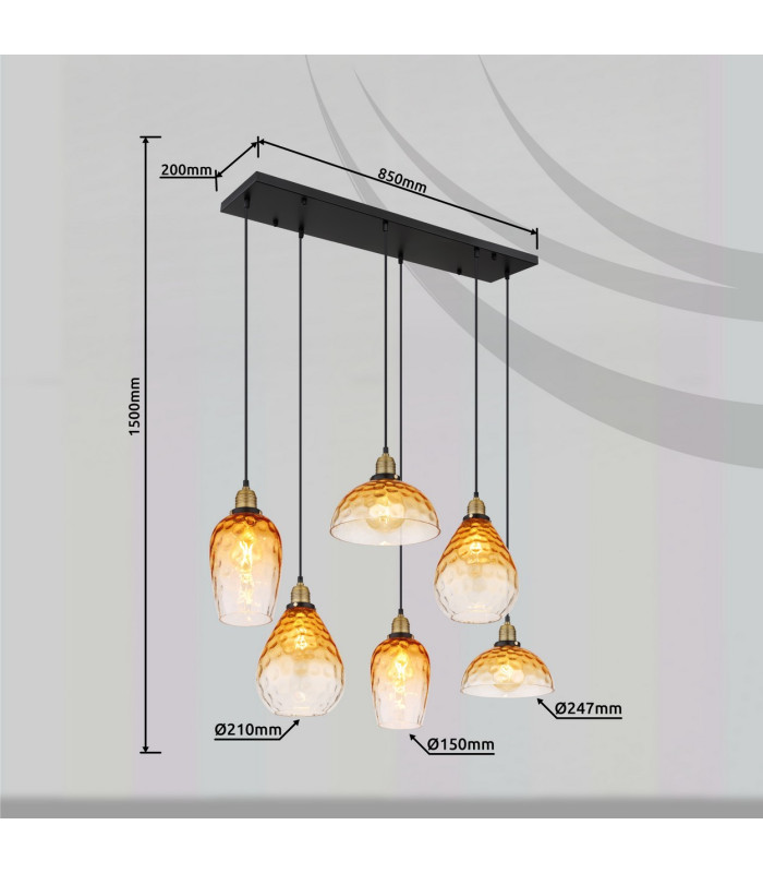 Salvy Cluster Pendant Ceiling Light Matt Black Amber Glass Shade 6x E27-8