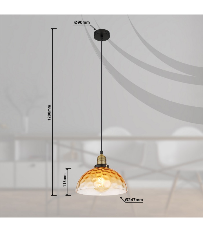 Salvy Dome Pendant Ceiling Light Matt Black Amber Glass Shade 1x E27-9