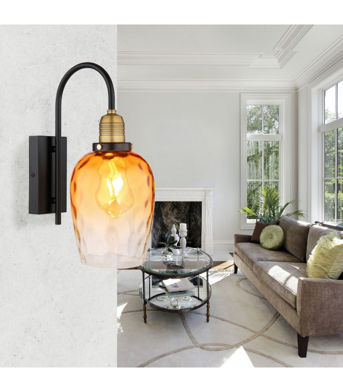 Salvy Dome Wall Lamp Matt Black Amber Glass Shade 1x E27-6