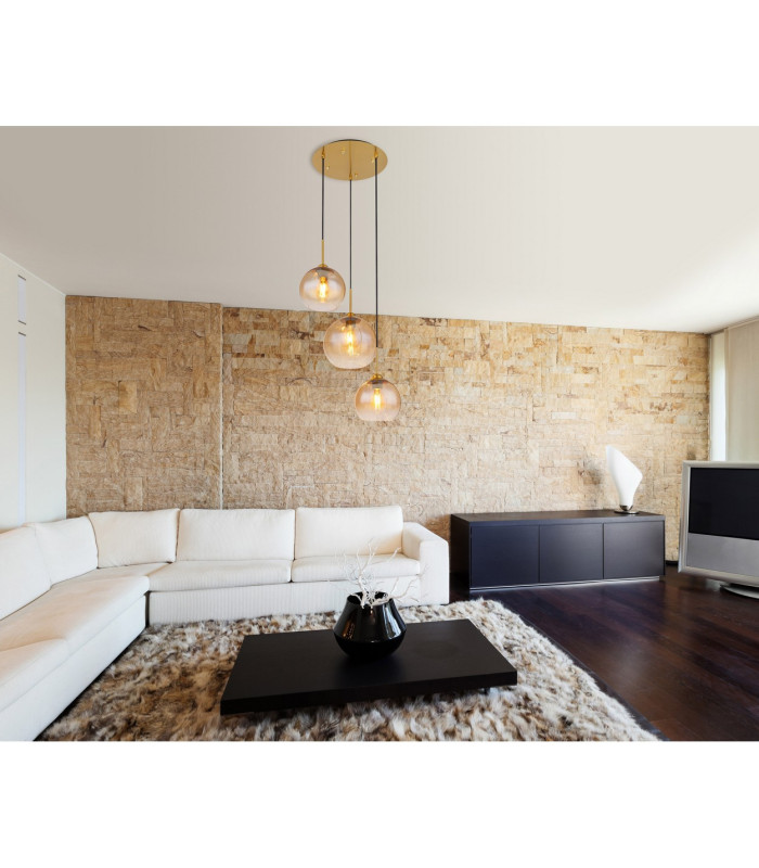 Jamessa Cluster Pendant Ceiling Light Brass-Coloured Matt Amber Glass Shade 3x E27-8
