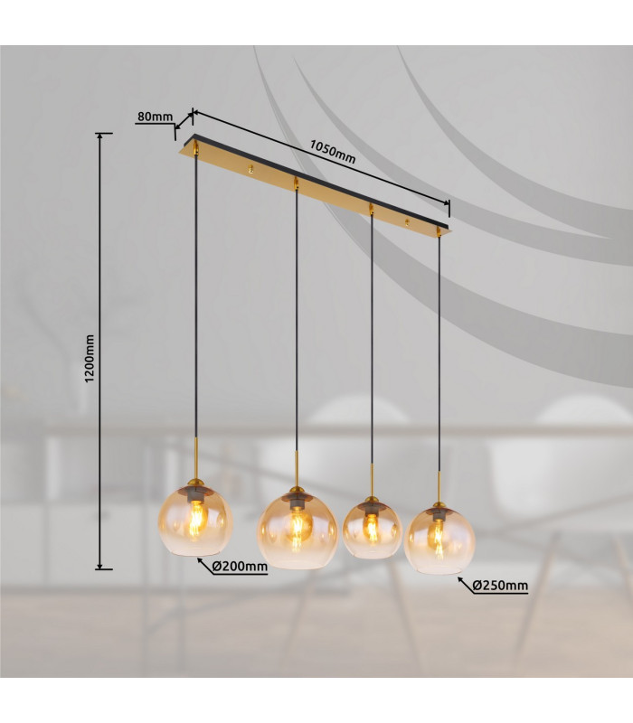 Jamessa Bar Pendant Ceiling Light Brass-Coloured Matt Amber Glass Shade 4x E27-8