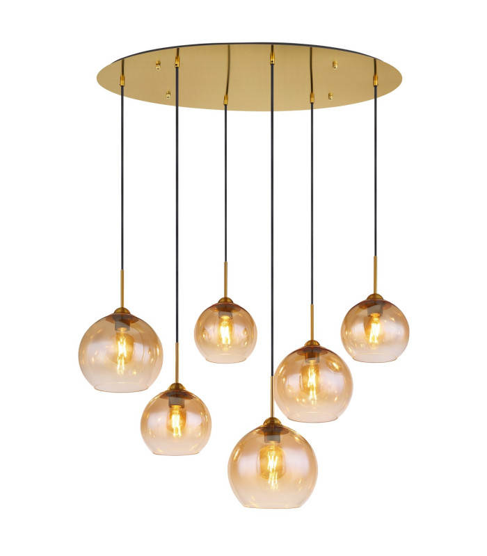 Jamessa Cluster Pendant Ceiling Light Brass-Coloured Matt Amber Glass Shade 6x E27-3