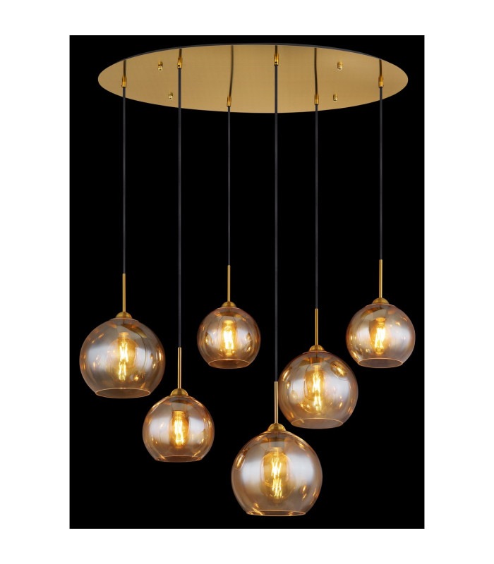 Jamessa Cluster Pendant Ceiling Light Brass-Coloured Matt Amber Glass Shade 6x E27-6