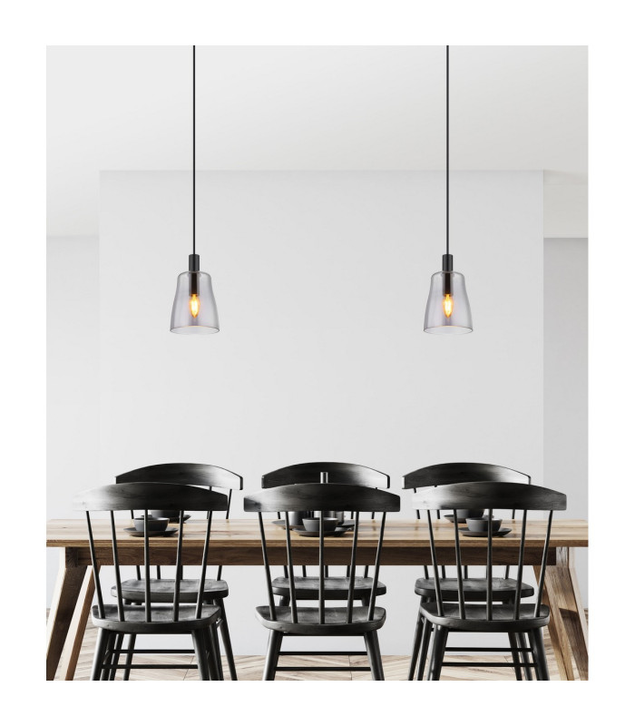 Garri Slim Pendant Ceiling Light Matt Black Smoke Glass Shade 1x E14-7