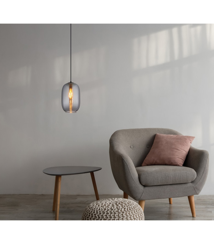 Jefrey Slim Pendant Ceiling Light Matt Black Smoke Glass Shade 1x E27-4