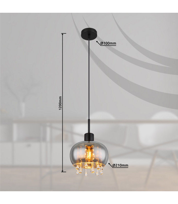Corry 21cm Pendant Ceiling Light Matt Black Smoke Glass Shade 1x E27-8