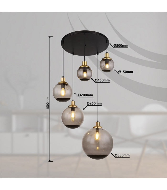Potter Cluster Pendant Ceiling Light Matt Black Smoke Glass Shade 5x E27-6