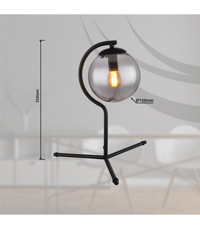 Porry Globe Table Lamp Matt Black Smoke Glass Shade 1x E14-9