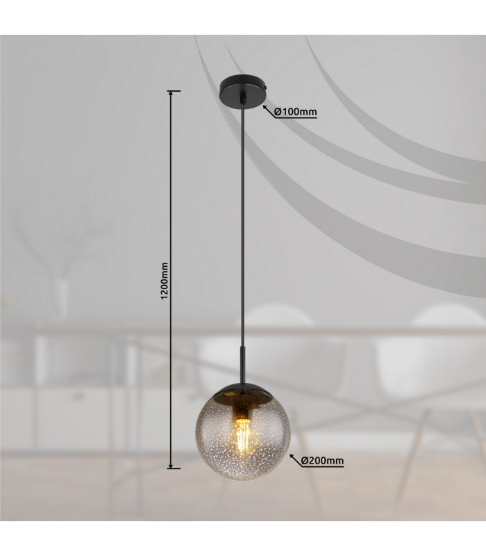 Samos Globe Pendant Ceiling Light Matt Black Smoke Glass Shade 1x E27-8