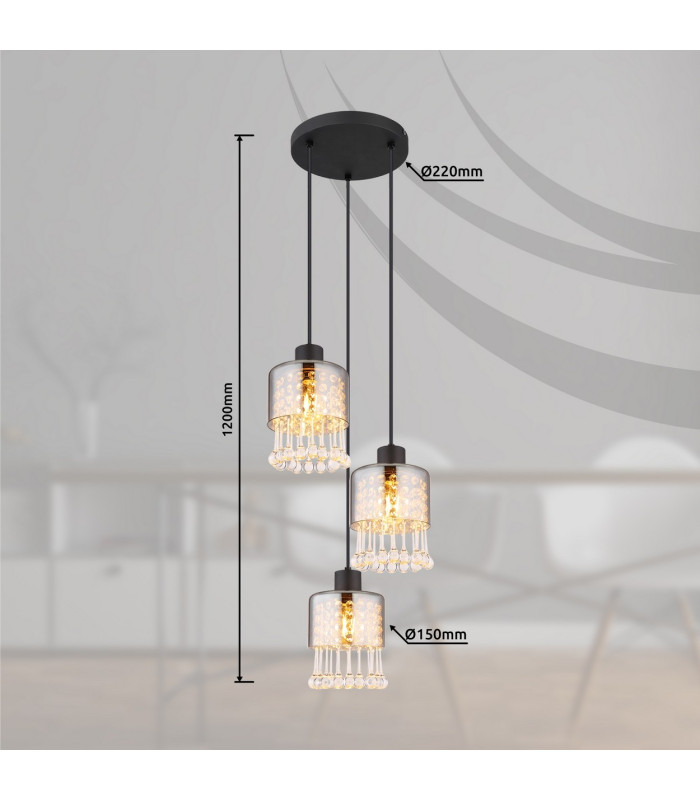 Hendry Cluster Pendant Ceiling Light Matt Black Smoke Glass Shade 3x E27-5