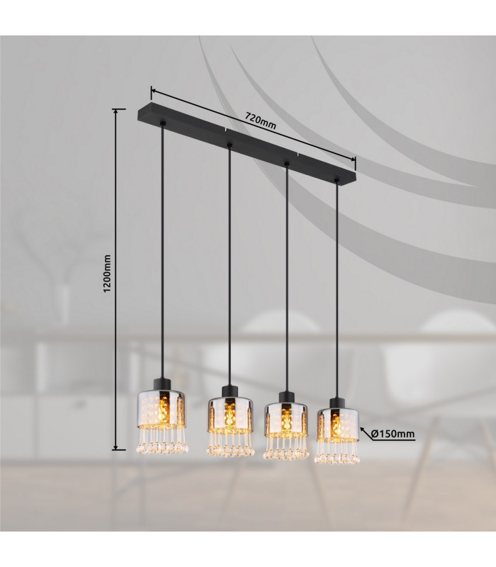Hendry Bar Pendant Ceiling Light Matt Black Smoke Glass Shade 4x E27-6