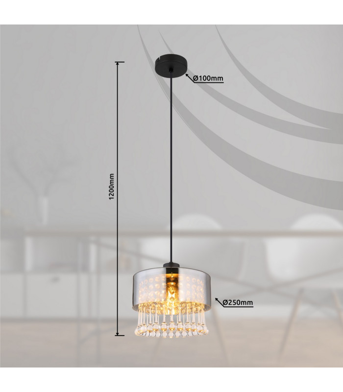 Hendry Pendant Ceiling Light Matt Black Smoke Glass Shade 1x E27-8