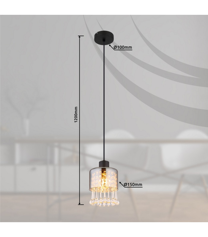 Hendry Slim Pendant Ceiling Light Matt Black Smoke Glass Shade 1x E27-8