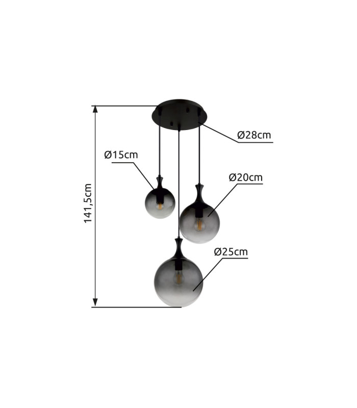 Dalton Cluster Pendant Ceiling Light Matt Black Balls Smoke Glass Shade 3x E27-7