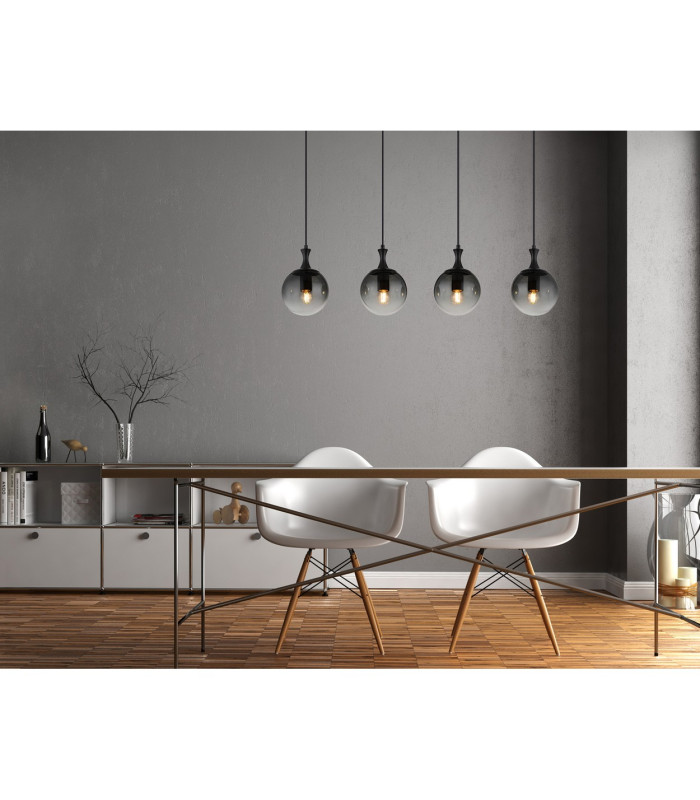 Dalton Bar Pendant Ceiling Light Matt Black Balls Smoke Glass Shade 4x E27-7