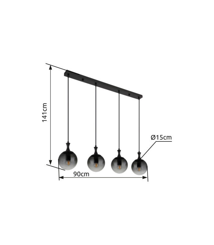 Dalton Bar Pendant Ceiling Light Matt Black Balls Smoke Glass Shade 4x E27-9