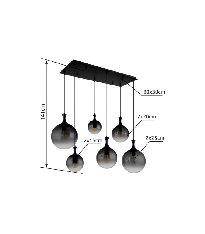 Dalton Cluster Pendant Ceiling Light Matt Black Balls Smoke Glass Shade 6x E27-8