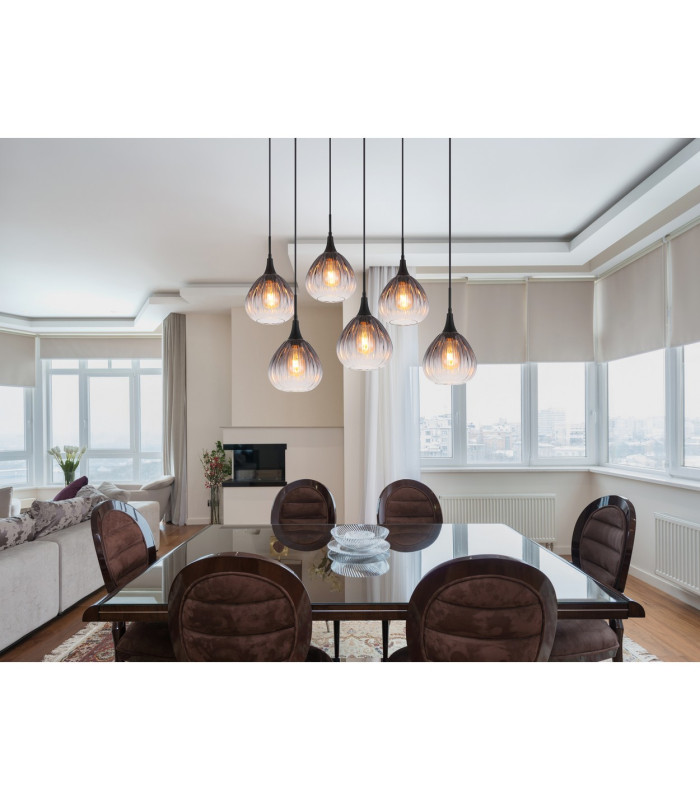 Olsen Cluster Pendant Ceiling Light Matt Black Smoke Glass Shade 6x E27-6
