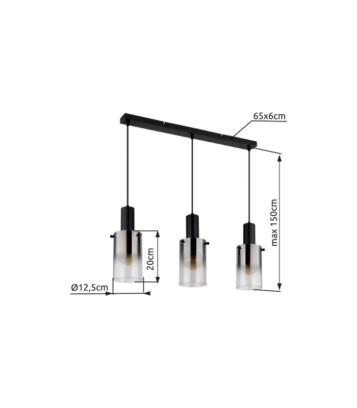 Florentina Bar Pendant Ceiling Light Matt Black Smoke Glass Shade 3x E27-6
