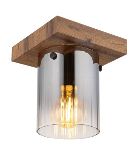Underwood Cylindrical Ceiling Light Wood Look Dark Smoke Glass Shade 1x E27-1