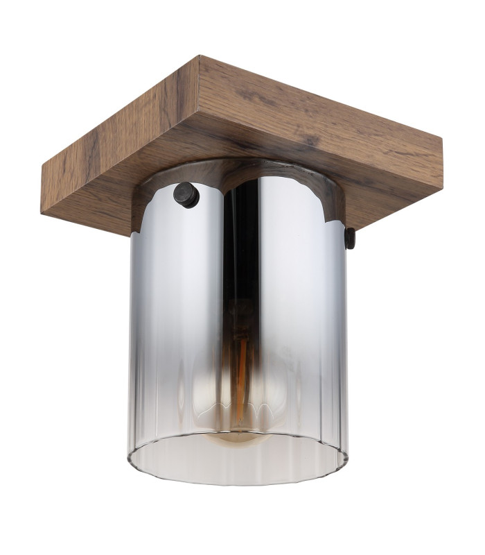 Underwood Cylindrical Ceiling Light Wood Look Dark Smoke Glass Shade 1x E27-2