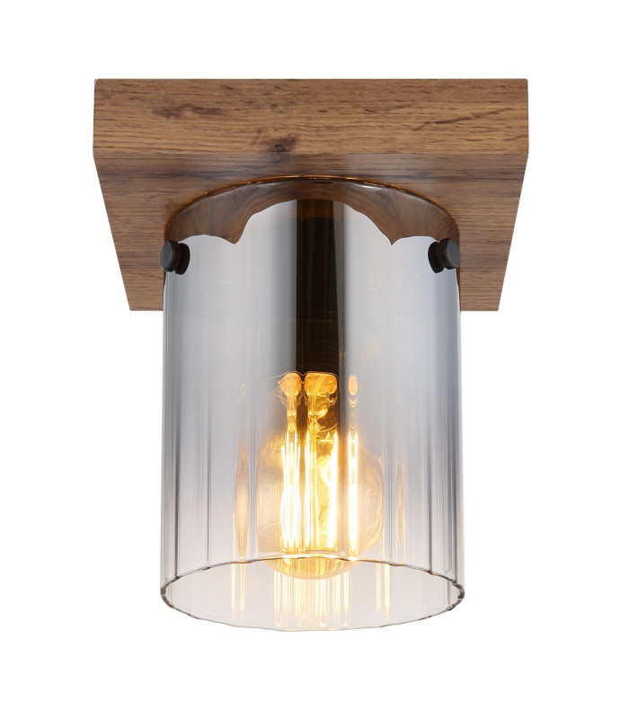 Underwood Cylindrical Ceiling Light Wood Look Dark Smoke Glass Shade 1x E27-3