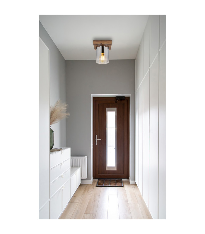 Underwood Cylindrical Ceiling Light Wood Look Dark Smoke Glass Shade 1x E27-4