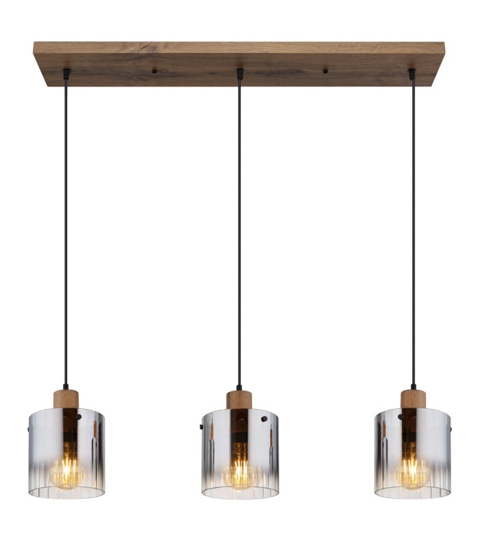 Underwood Bar Pendant Ceiling Light Wood Look Dark Smoke Glass Shade 3x E27-3