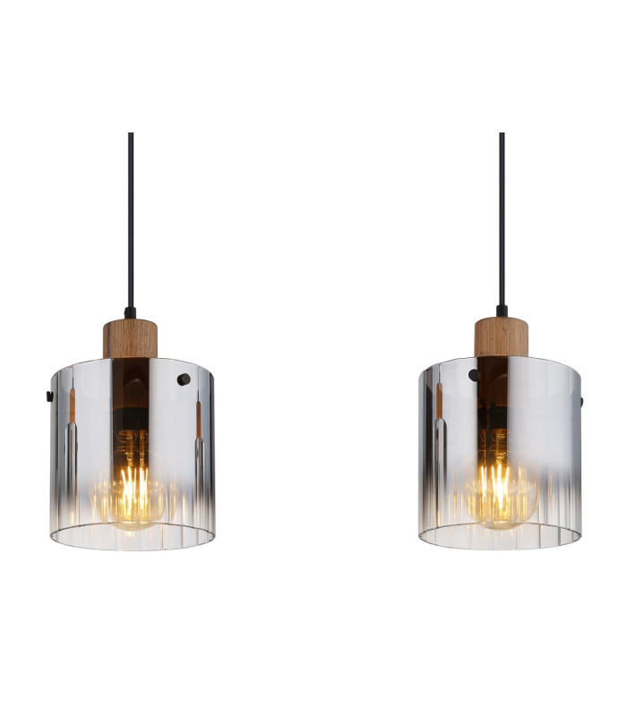 Underwood Bar Pendant Ceiling Light Wood Look Dark Smoke Glass Shade 3x E27-4
