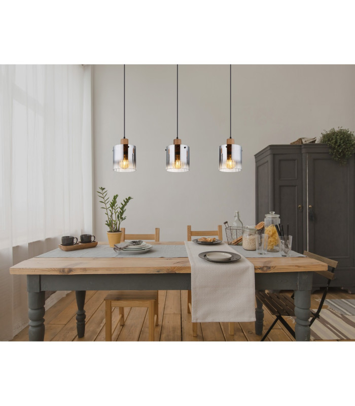 Underwood Bar Pendant Ceiling Light Wood Look Dark Smoke Glass Shade 3x E27-5
