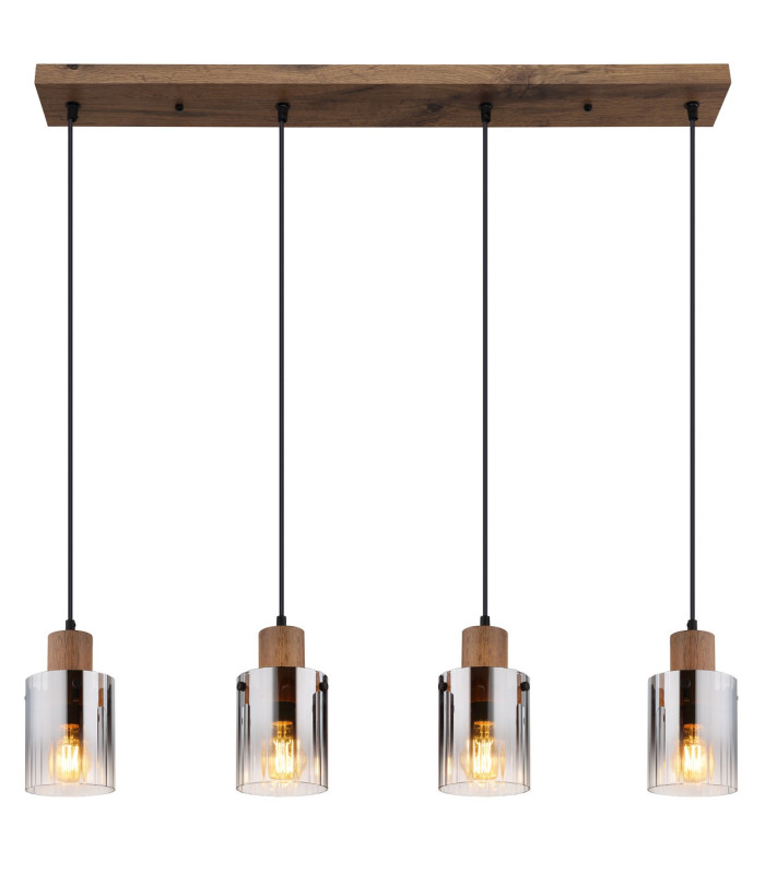 Underwood Bar Pendant Ceiling Light Wood Look Dark Smoke Glass Shade 4x E27-3