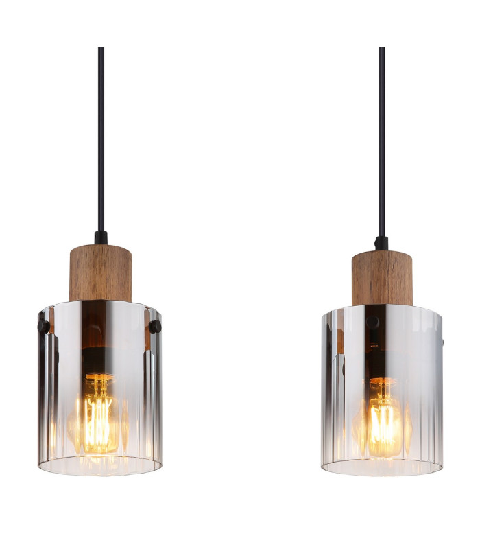 Underwood Bar Pendant Ceiling Light Wood Look Dark Smoke Glass Shade 4x E27-4