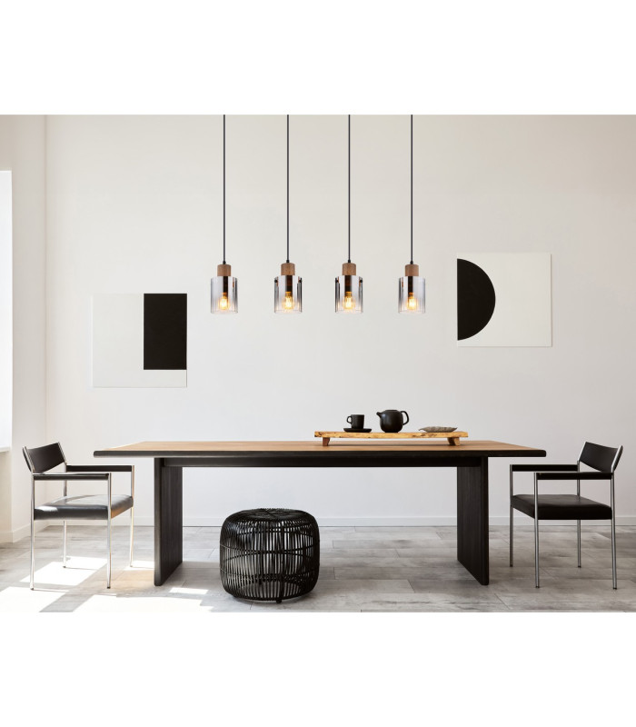 Underwood Bar Pendant Ceiling Light Wood Look Dark Smoke Glass Shade 4x E27-5