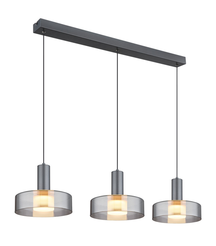 Grant Bar Pendant Ceiling Light Grey Matt Smoke Glass Shade 3x LED 3000K-1