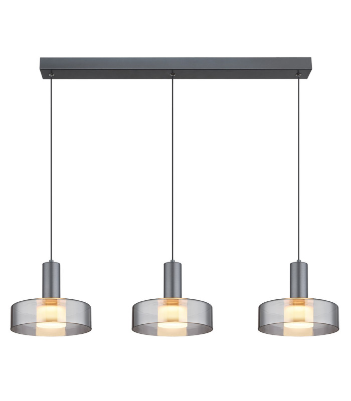 Grant Bar Pendant Ceiling Light Grey Matt Smoke Glass Shade 3x LED 3000K-3