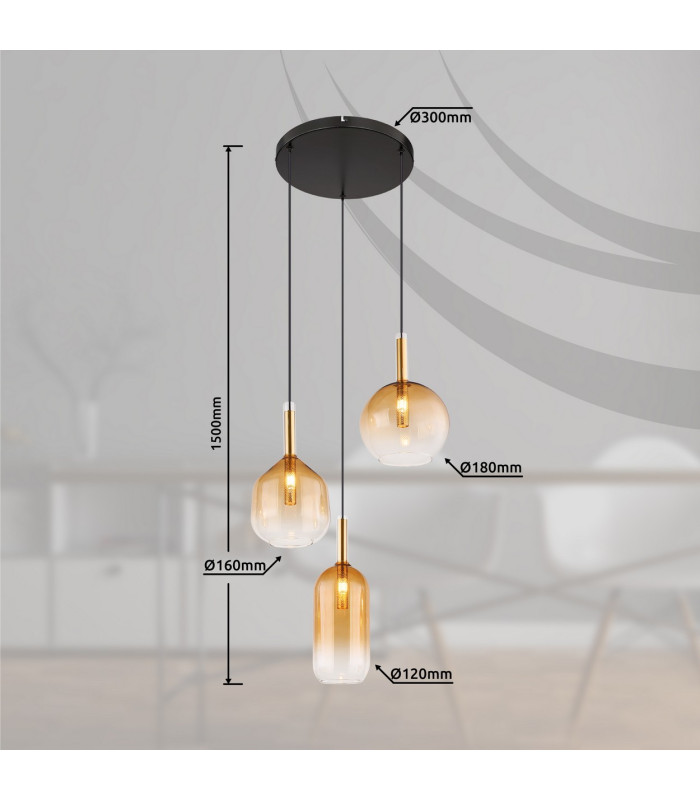 Lopusa Cluster Pendant Ceiling Light Matt Black Amber Glass Shade 3x G9-6