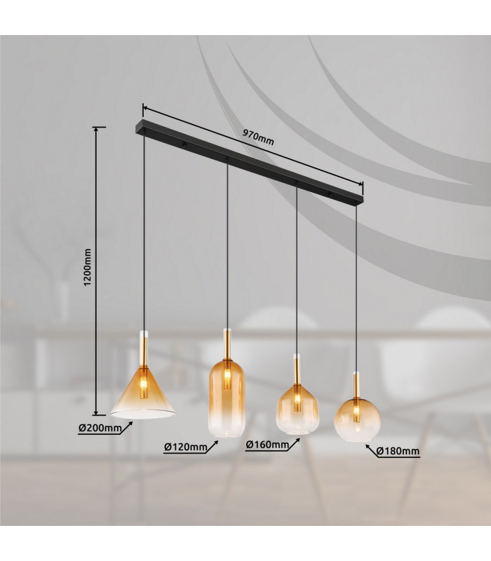 Lopusa Bar Pendant Ceiling Light Matt Black Amber Glass Shade 4x G9-8