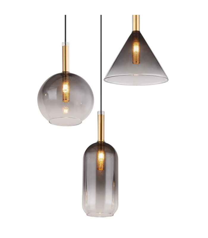 Elisabeth Cluster Pendant Ceiling Light Brass-Coloured Smoke Glass Shade 3x G9-3