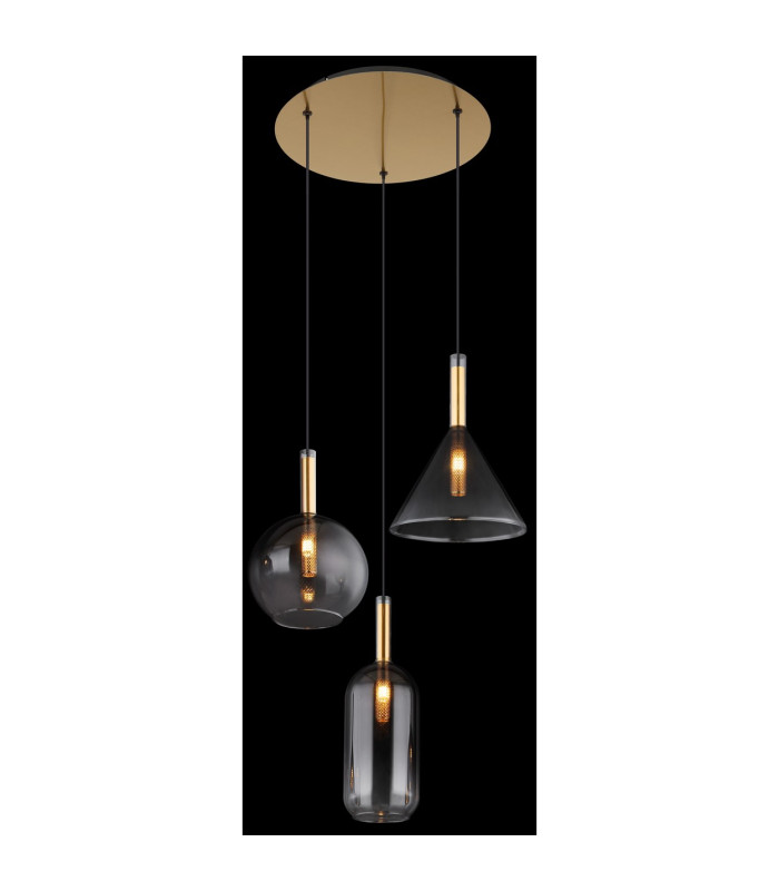 Elisabeth Cluster Pendant Ceiling Light Brass-Coloured Smoke Glass Shade 3x G9-4