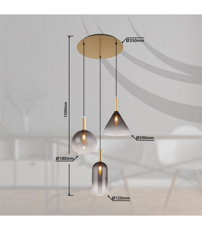 Elisabeth Cluster Pendant Ceiling Light Brass-Coloured Smoke Glass Shade 3x G9-9