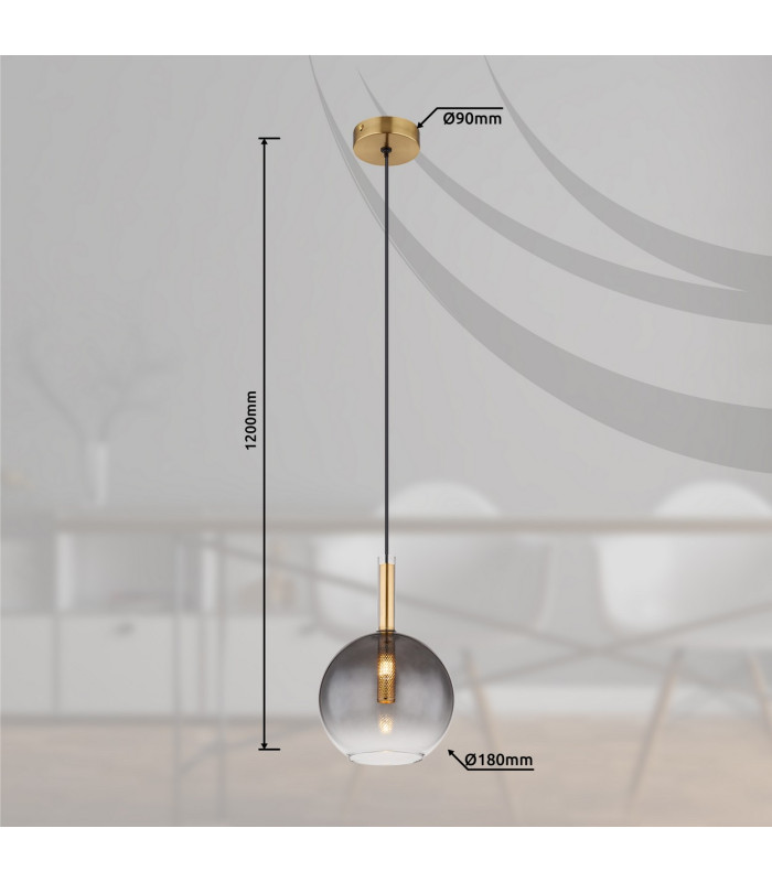 Elisabeth Globe Slim Pendant Ceiling Light Brass-Coloured Smoke Glass Shade 1x G9-7