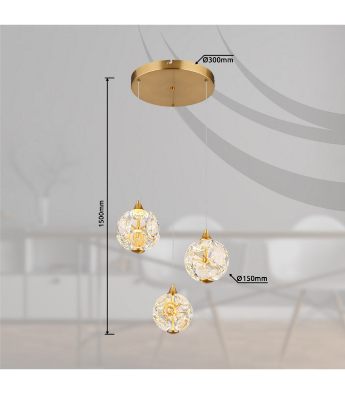 Virina Cluster Pendant Ceiling Light Gold Colors K9 Crystals 3x LED 3000K-7