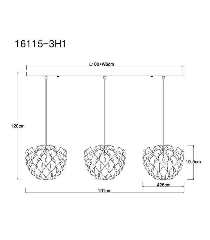 Irene Bar Pendant Ceiling Light White 3x E14-6