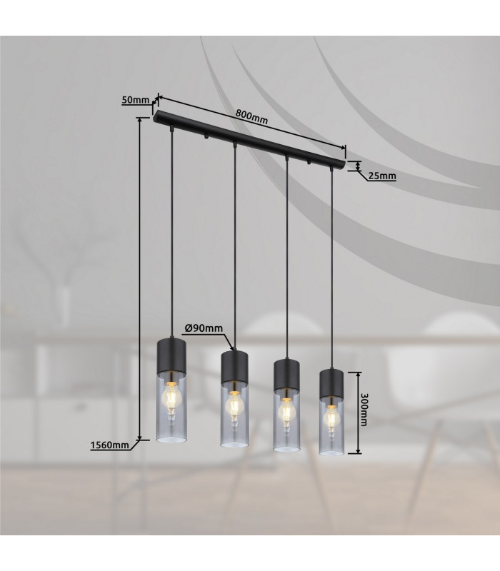 Annika Bar Pendant Ceiling Light Matt Black Smoke Glass Shade 4x E27-6
