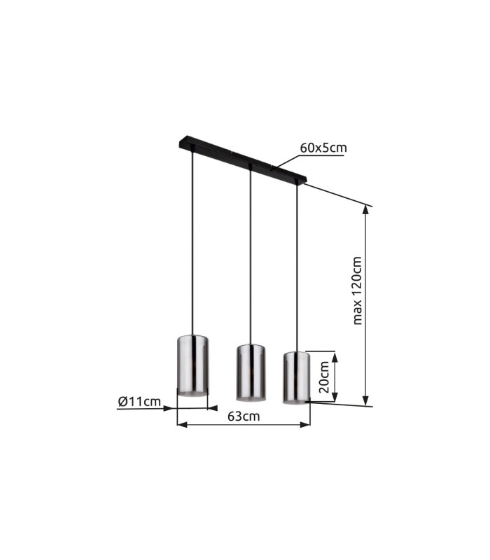Olly Bar Pendant Ceiling Light Matt Black Smoke Glass Shade 3x E14-6